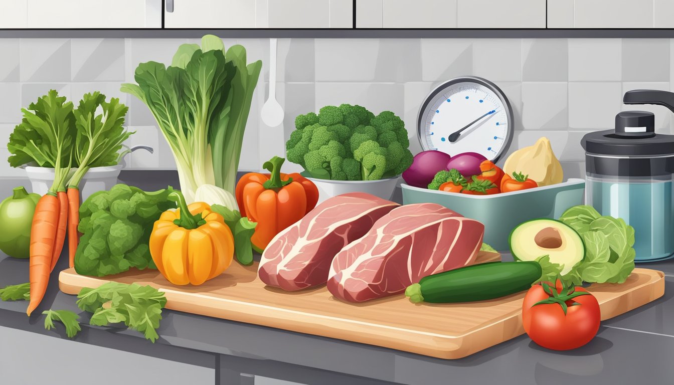 A kitchen counter with a variety of fresh vegetables, lean meats, and healthy fats. A scale and measuring cups for portion control