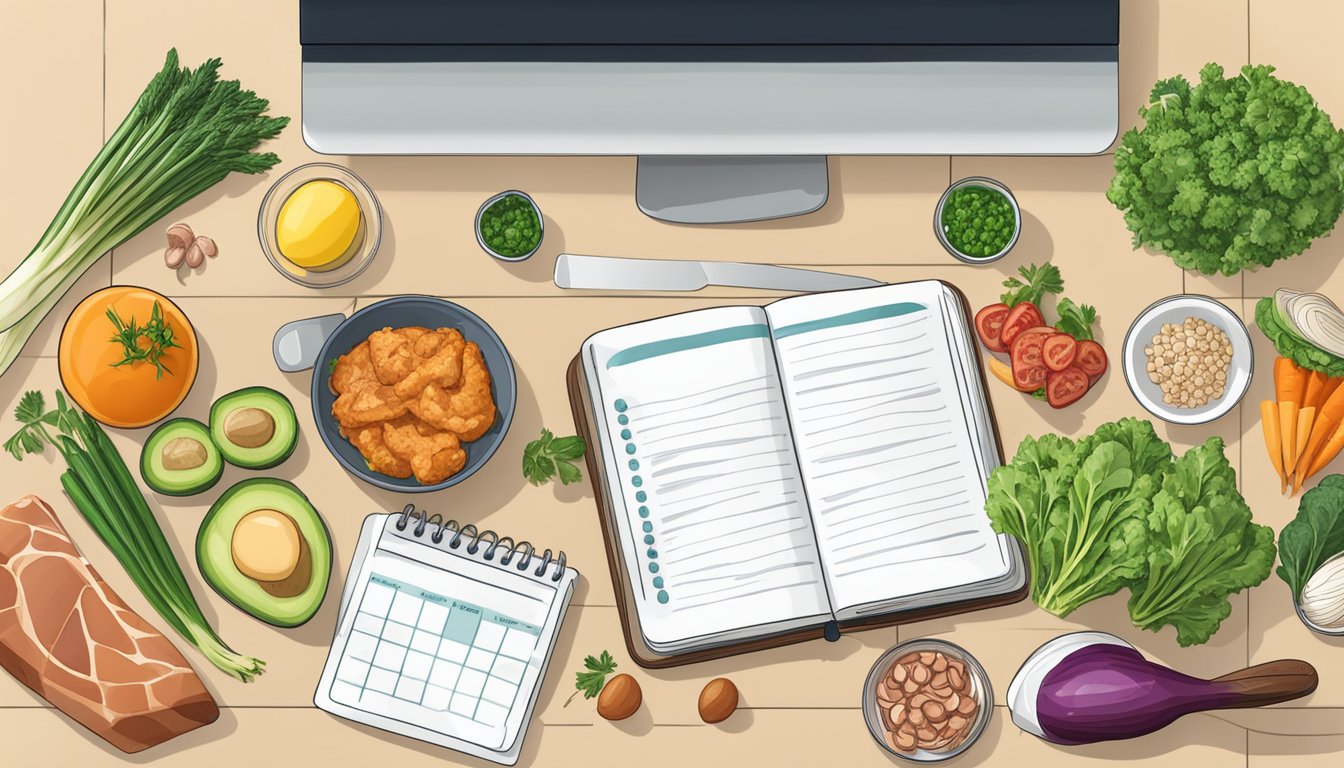 A kitchen counter with fresh vegetables, meats, and healthy fats. A notebook with a meal plan and keto recipes