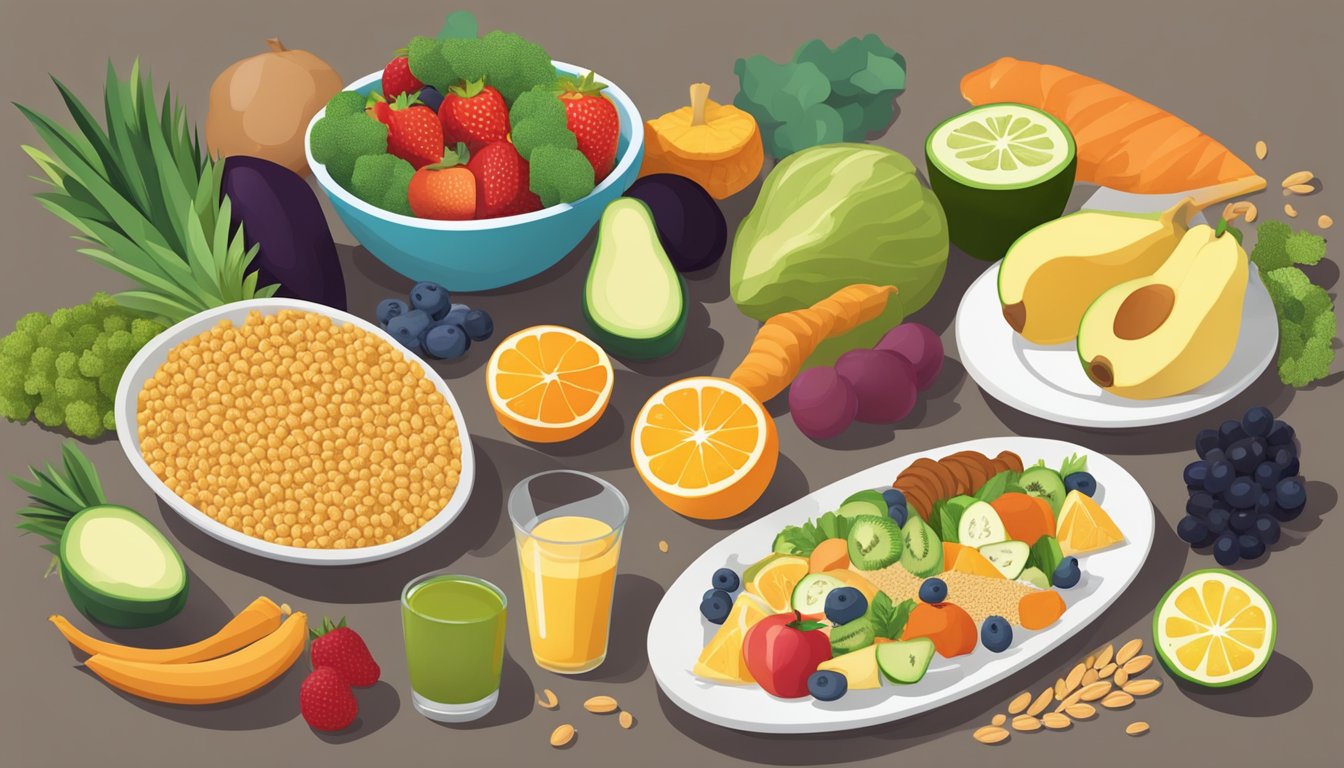 A table set with a variety of fruits, vegetables, and whole grains, with a plate of lean protein and healthy fats, symbolizing the transition off the keto diet