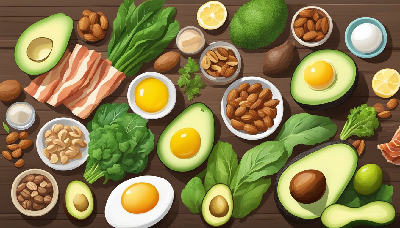 A colorful array of low-carb, high-fat foods like avocados, eggs, bacon, nuts, and leafy greens spread out on a wooden table