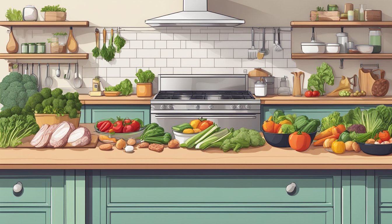 A kitchen counter with various fresh vegetables, meats, and dairy products laid out for meal planning and preparation on a keto diet