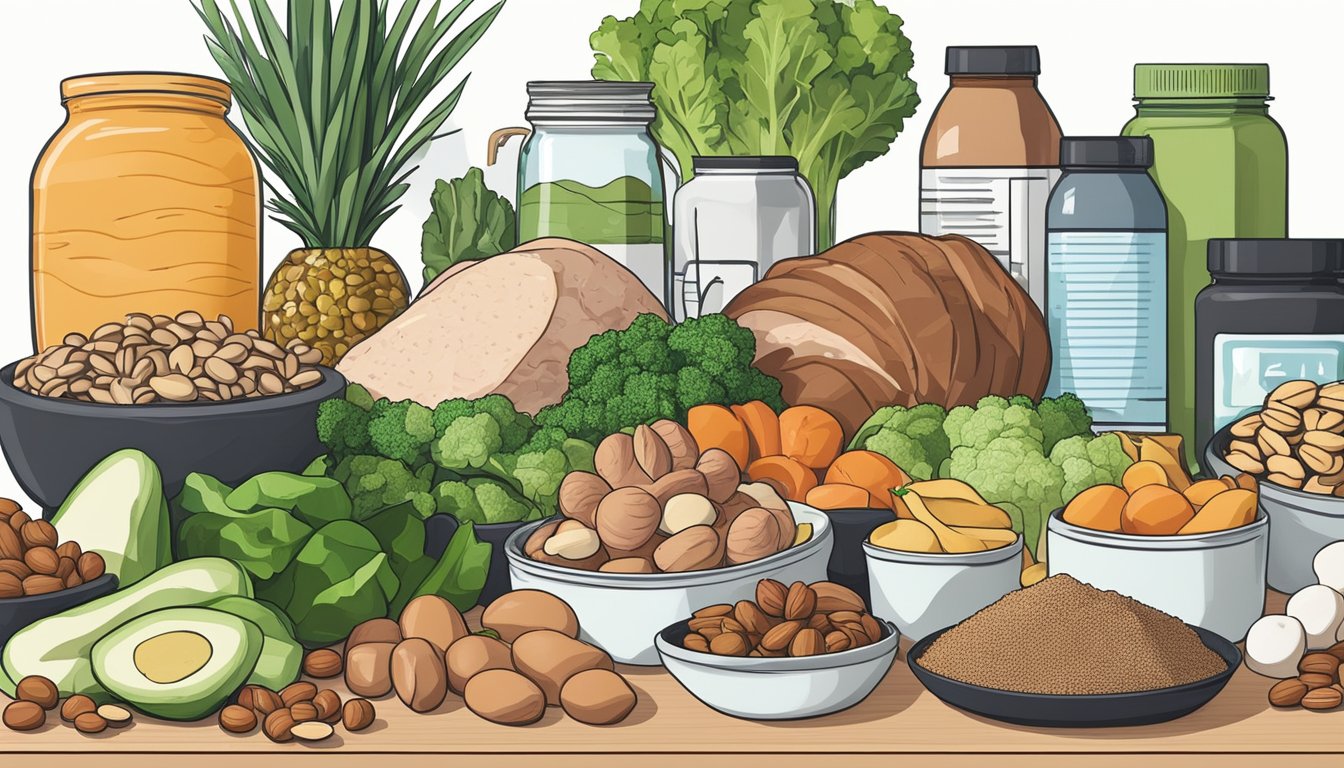 A variety of keto-friendly foods and supplements arranged on a kitchen counter. Non-starchy vegetables, lean meats, nuts, and low-carb protein powders are included