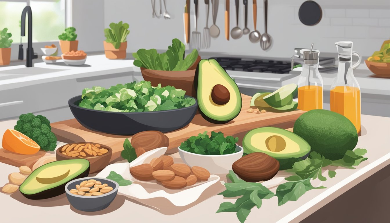 A kitchen counter with a variety of keto-friendly foods such as avocados, nuts, leafy greens, and lean meats. A cookbook or recipe card is open to a keto recipe