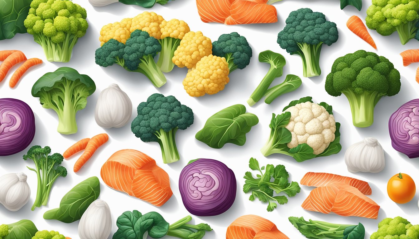 A colorful array of low-carb vegetables and protein sources, such as cauliflower, broccoli, spinach, chicken, and salmon, arranged on a clean, white surface