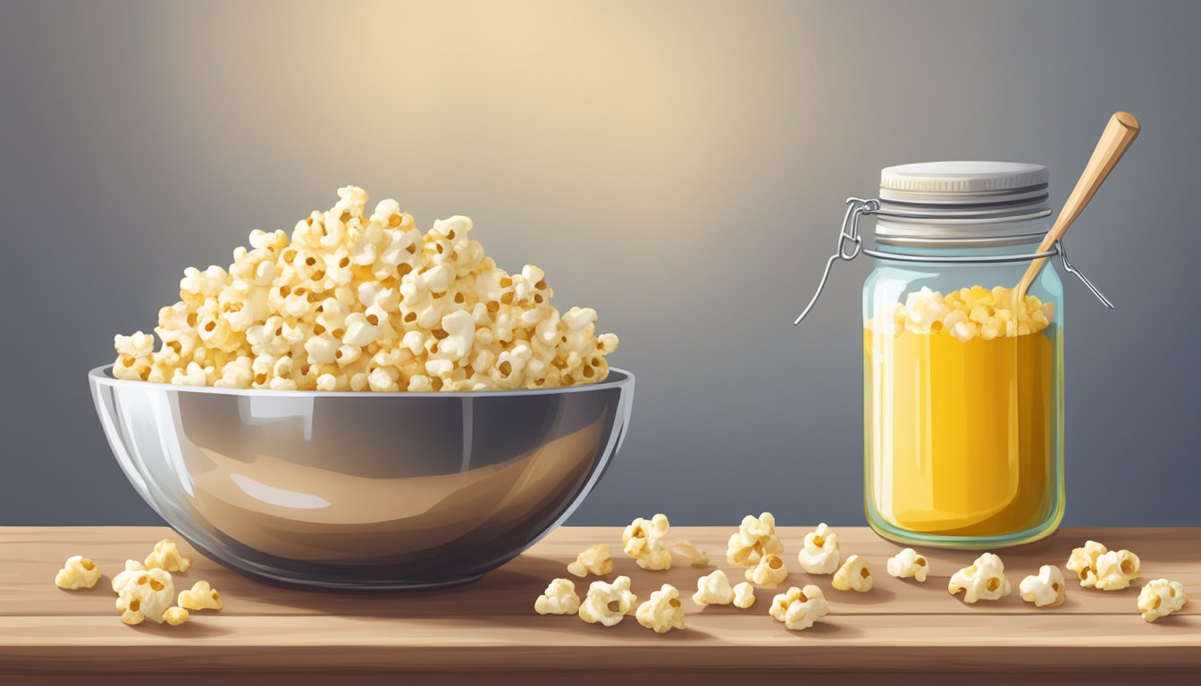 A bowl of keto-friendly popcorn sits on a wooden table next to a jar of coconut oil and a shaker of nutritional yeast