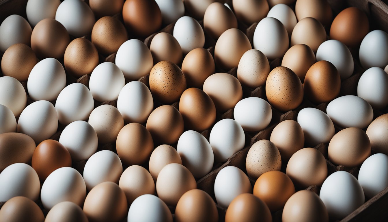 A dozen eggs in a ceramic crate: six white, six brown, arranged in alternating pattern. Soft lighting casts subtle shadows, emphasizing the color gradient. A speckled brown egg adds visual interest