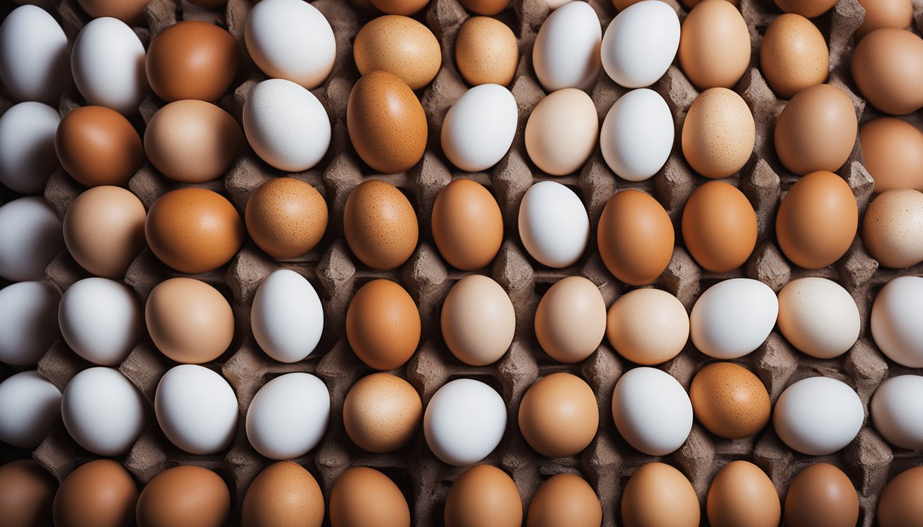 A dozen eggs in a ceramic crate: six white, six brown, arranged in alternating pattern. Soft lighting casts subtle shadows, emphasizing color gradient. A speckled brown egg adds visual interest