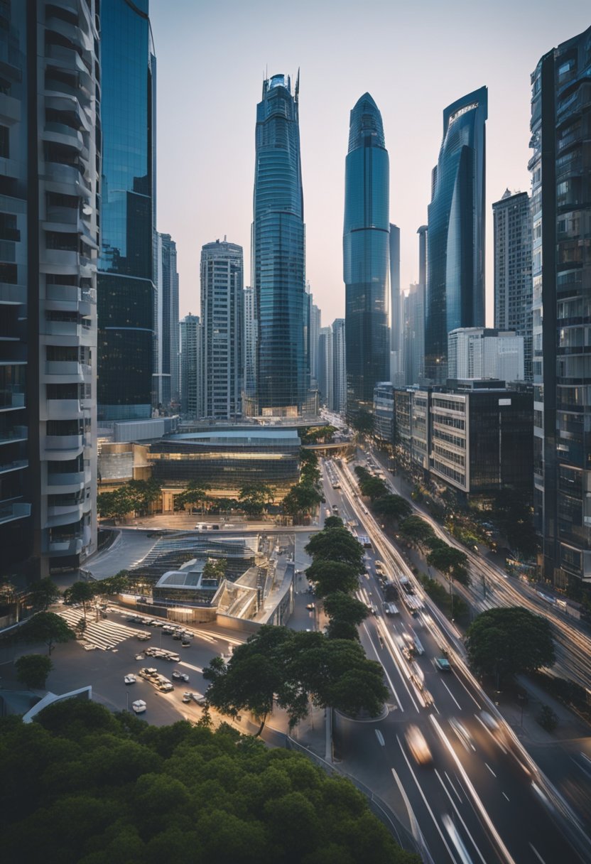 A bustling cityscape with various types of buildings and infrastructure, representing the interconnectedness of organizations, MSMEs, institutions, and communities