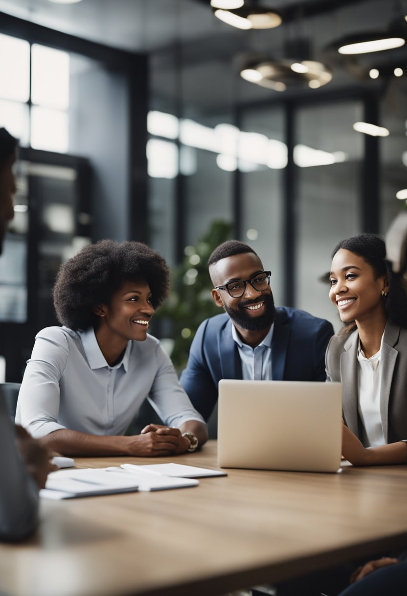 A diverse group of people working together in an office setting, with men and women collaborating and making decisions in a fair and equitable manner