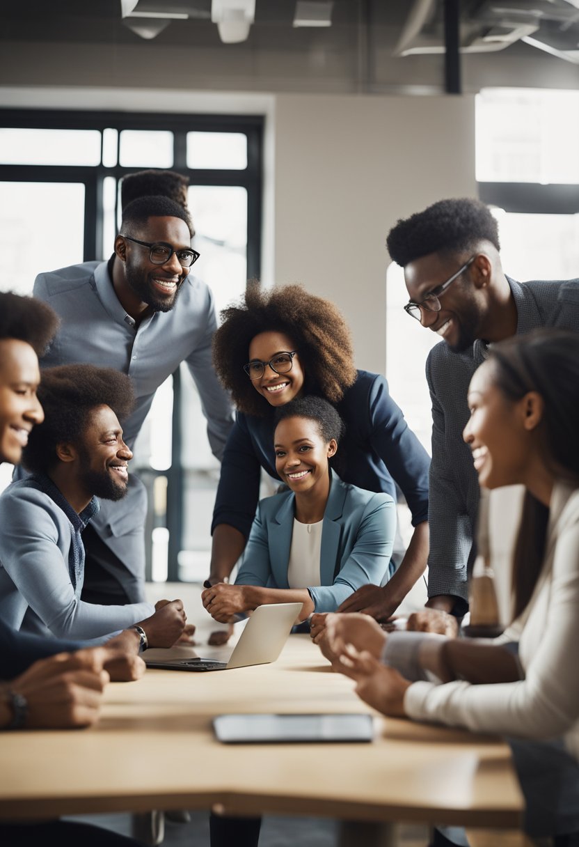 A diverse group of people working together in a collaborative and inclusive environment, sharing resources and knowledge to address social and economic inequalities