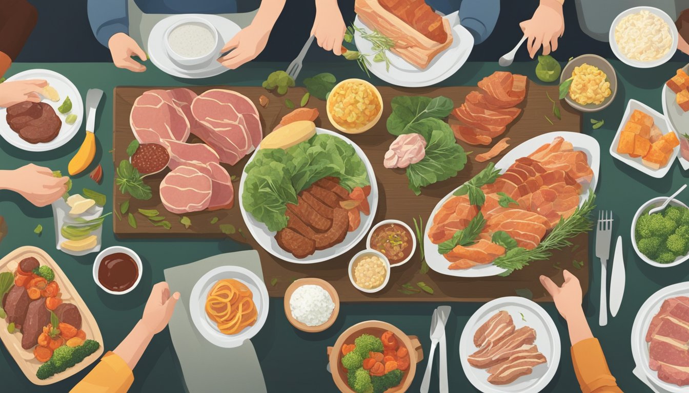 A table with a variety of meats and plant-based foods, with a person choosing a balanced meal while another person indulges in a large portion of meat