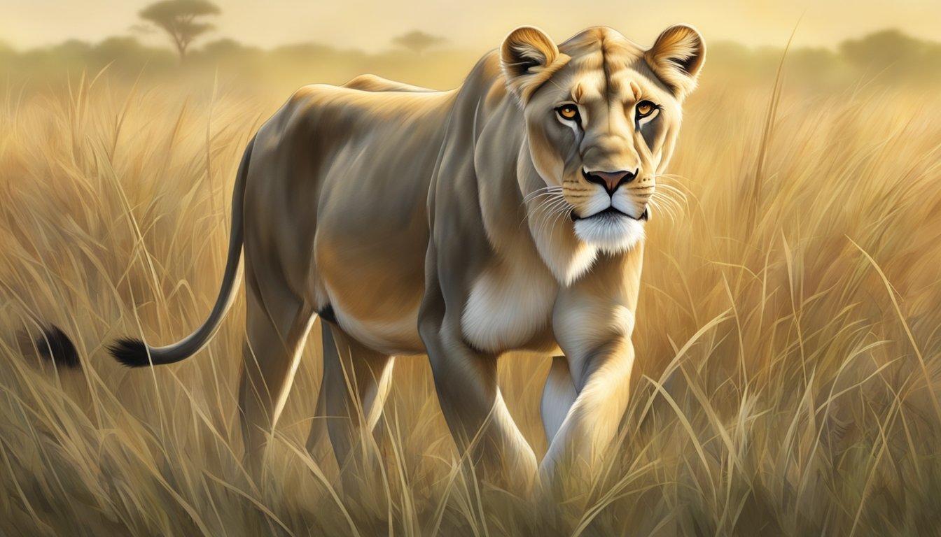 A lioness prowls through a grassy savannah, stalking a herd of wildebeest. She sniffs the air, searching for the perfect target to satisfy her carnivorous diet