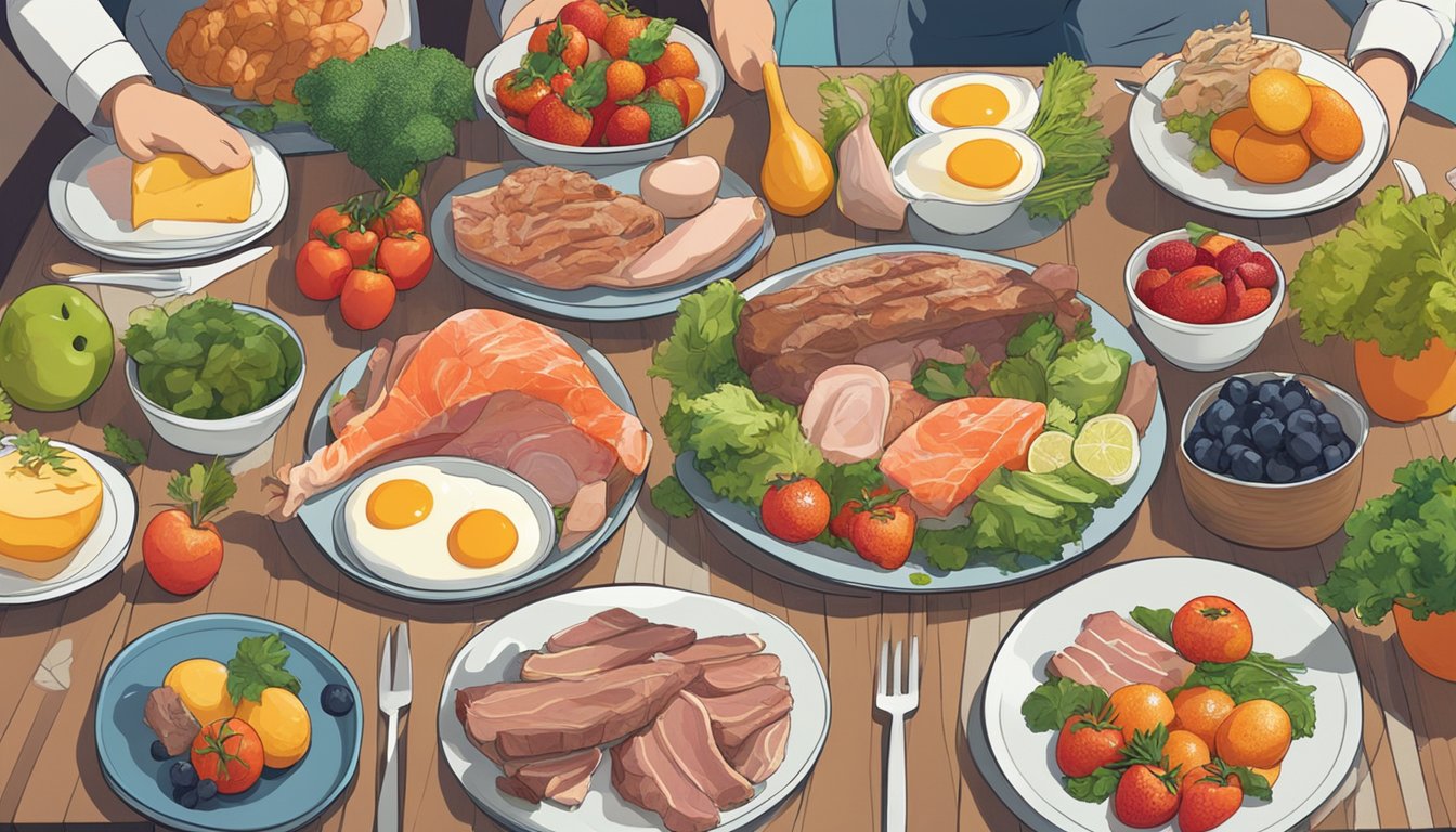 A plate filled with various meats, fish, and eggs, surrounded by colorful fruits and vegetables. A person with a calm expression sitting at the table, surrounded by a peaceful environment