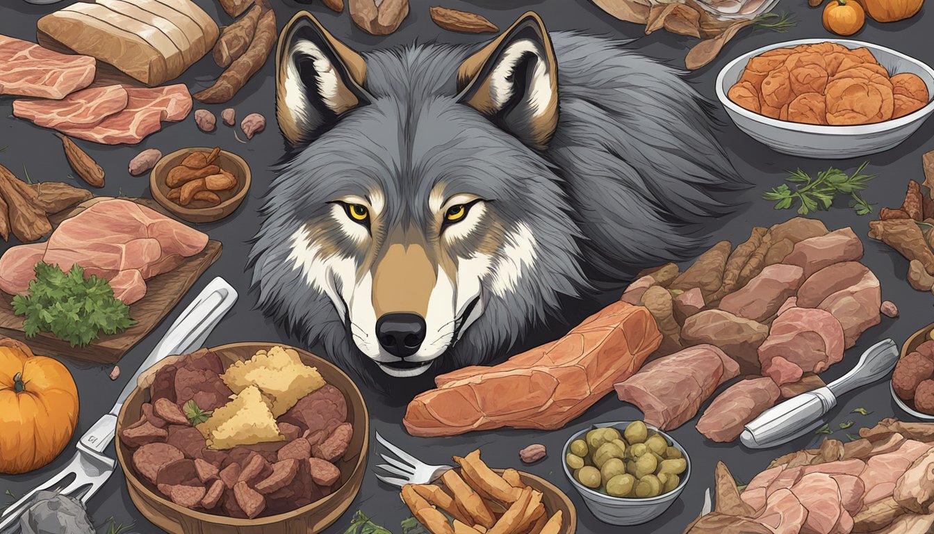 A wolf surrounded by various meats, with a pile of bones nearby