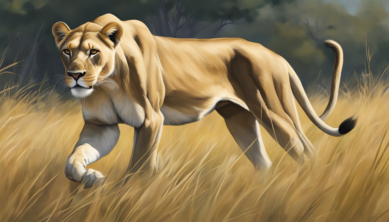 A lioness prowls through a grassy savanna, hunting and consuming raw meat from her recent kill. Her sleek and powerful form exudes primal strength and vitality