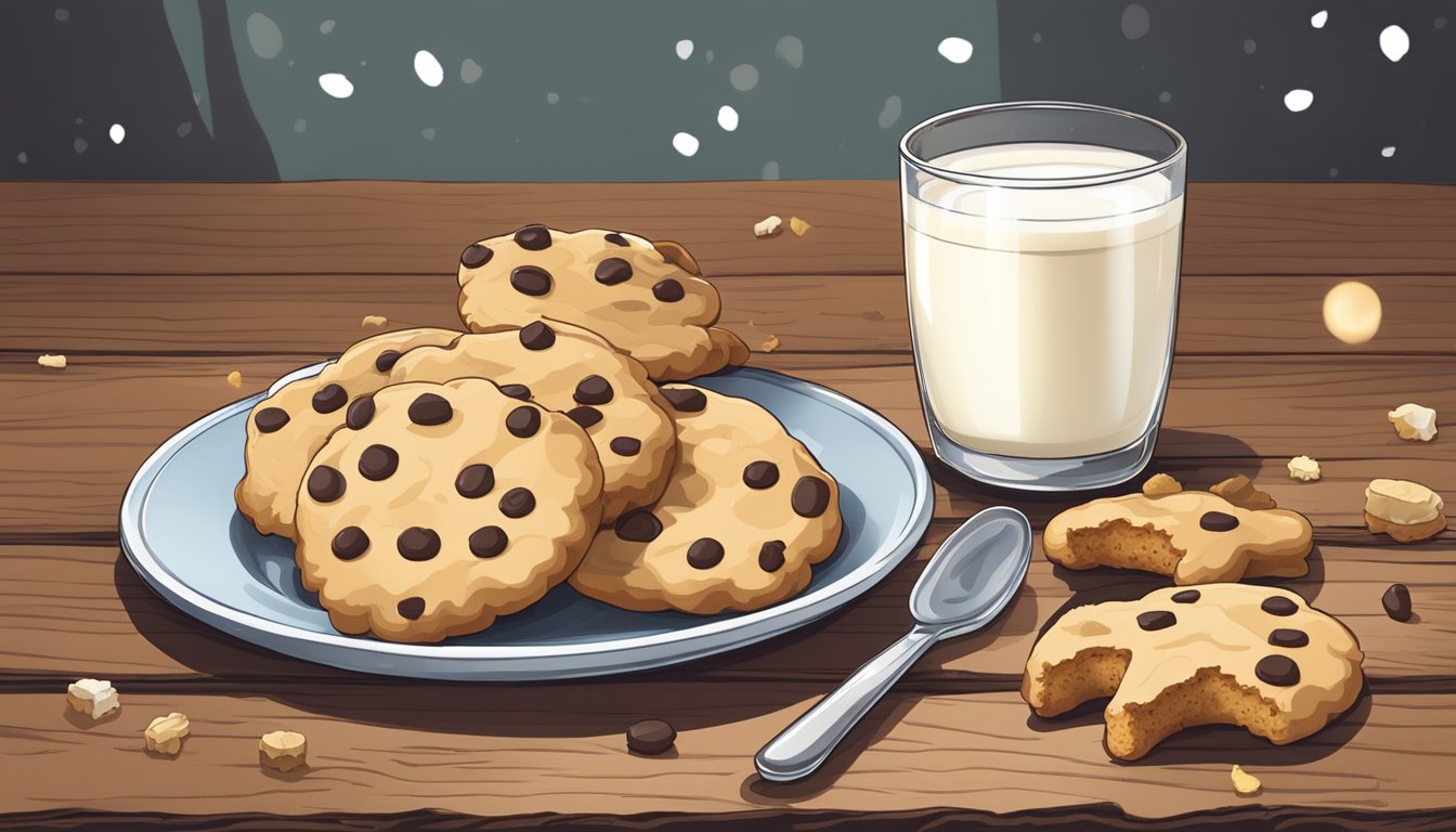 A plate of animal-shaped cookies arranged on a rustic wooden table, with crumbs scattered around and a glass of milk nearby