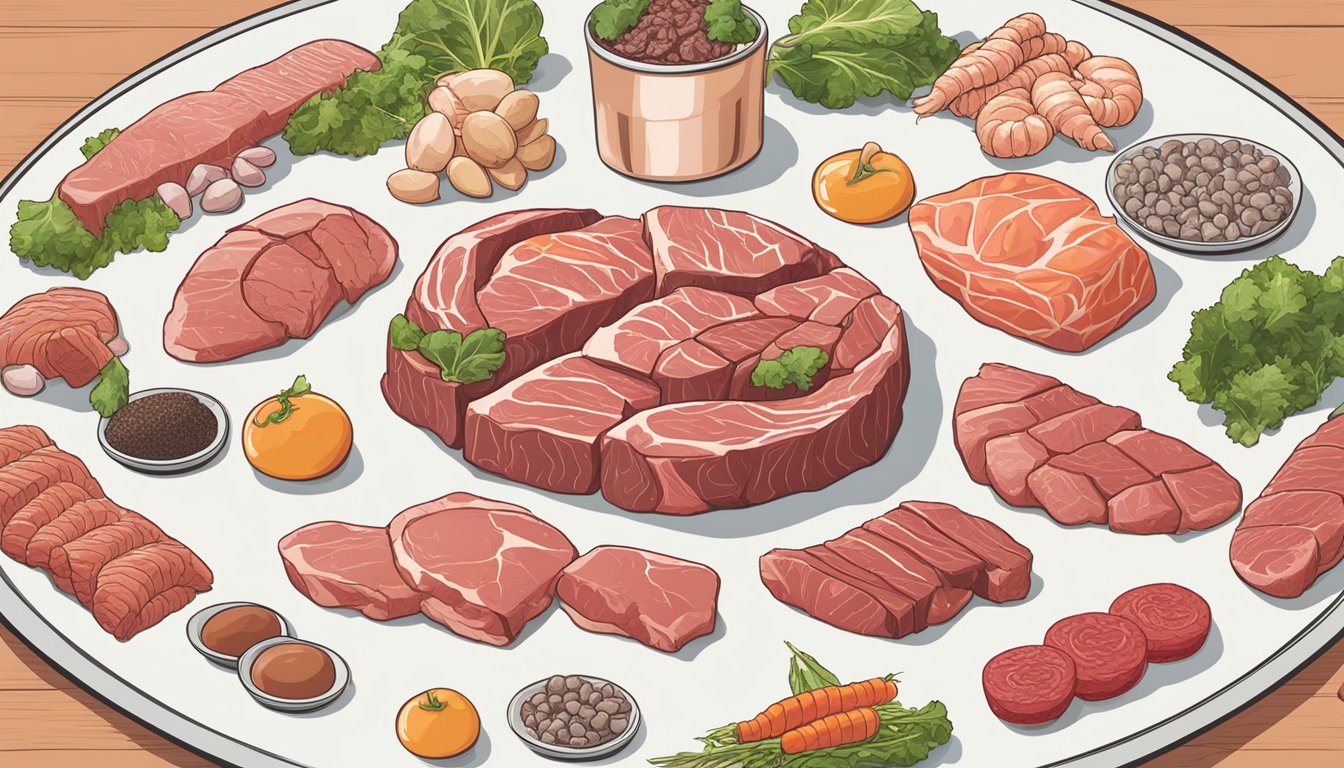 A variety of raw meats arranged in a circle, including beef, chicken, and fish. Amino acids are highlighted in the center