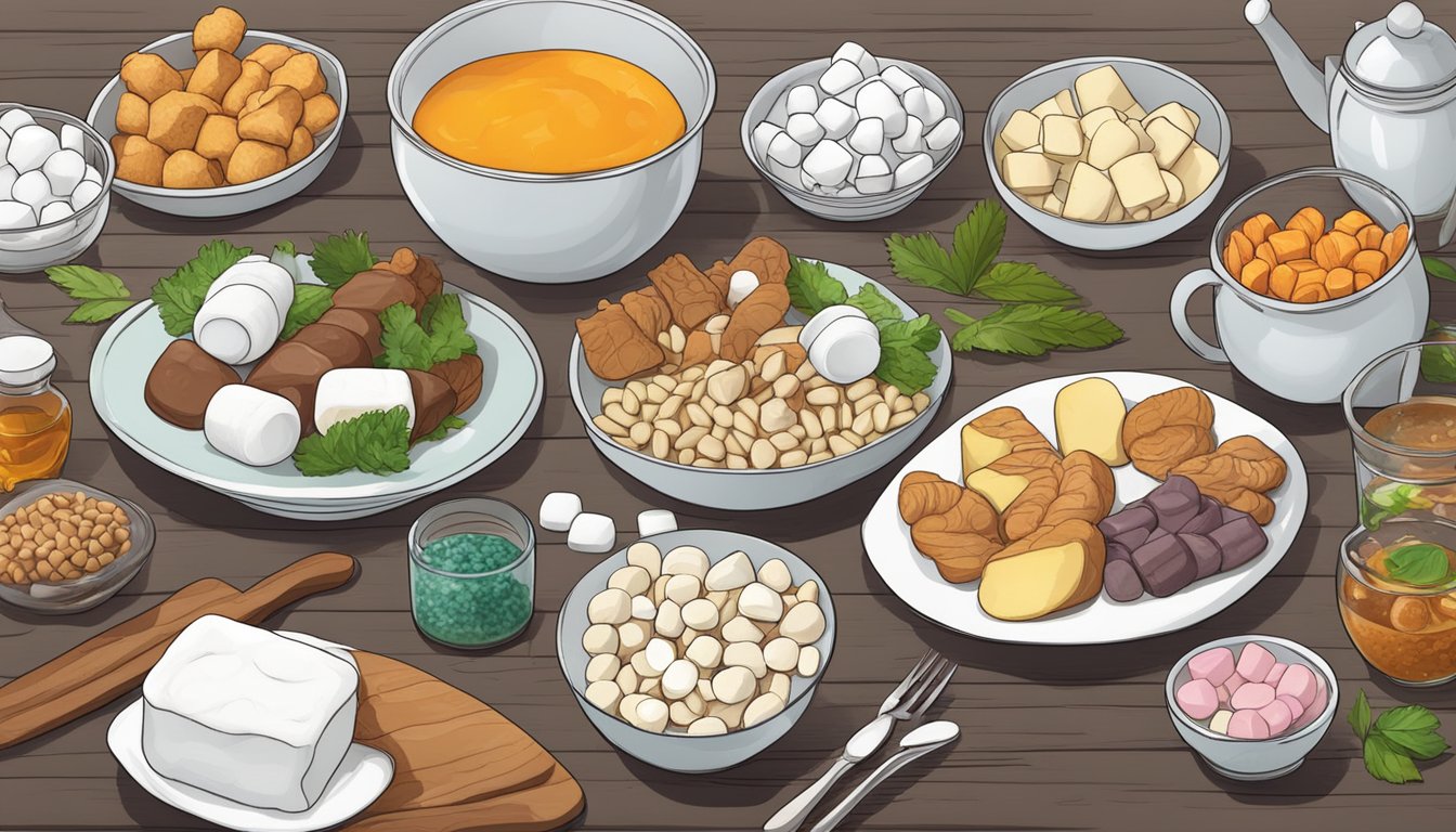 A table set with various animal-based ingredients and alternatives, including marshmallows, for the carnivore diet