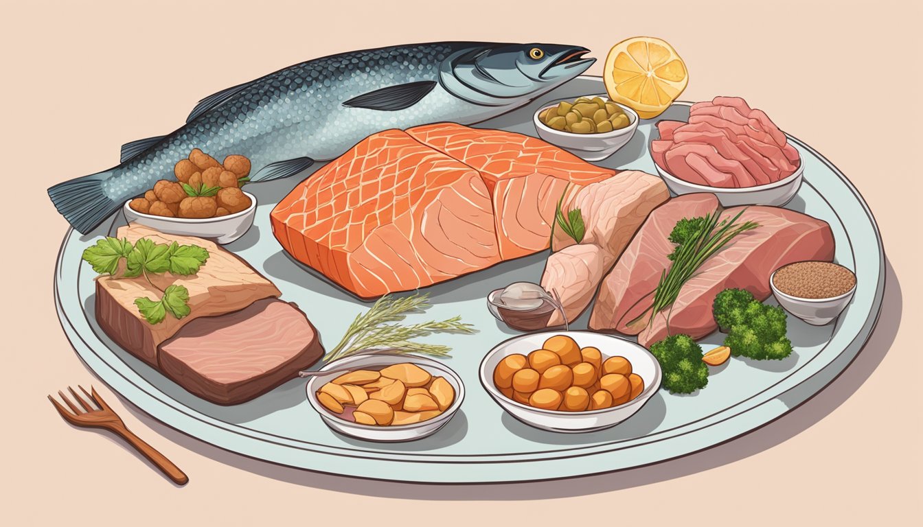 A variety of meats and fish arranged on a plate, with emphasis on the different amino acids present in each type of protein