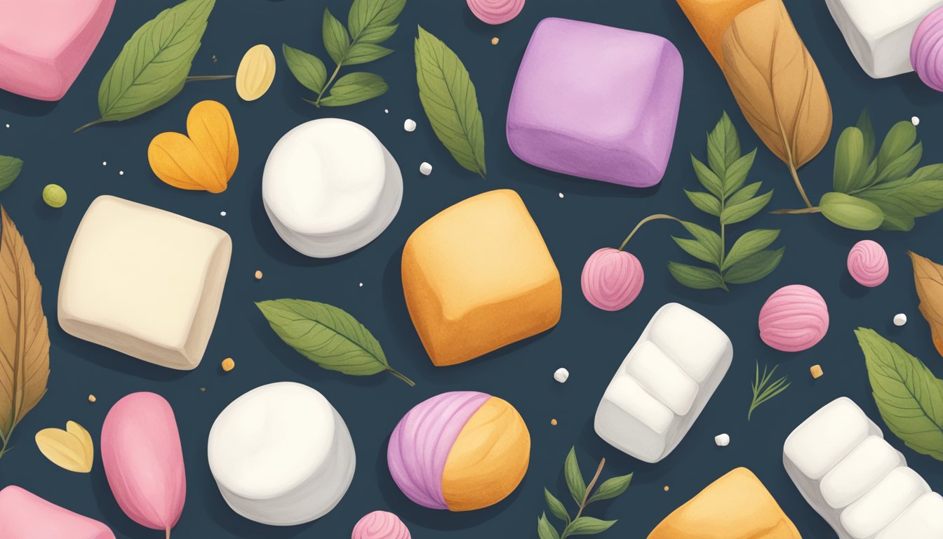 A marshmallow being made with animal-based ingredients, surrounded by alternative plant-based ingredients