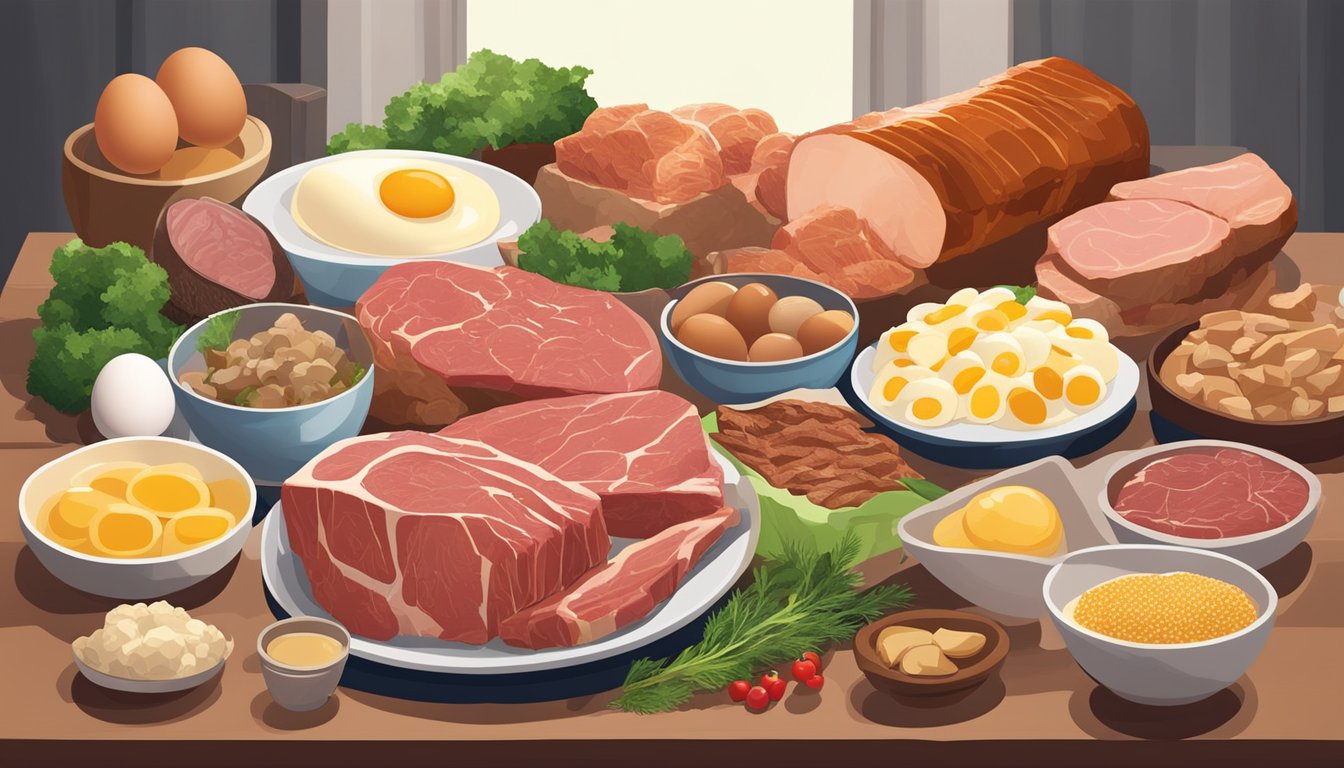 A variety of meats and animal products, such as beef, chicken, and eggs, are spread out on a table, showcasing the diverse sources of amino acids in the carnivore diet