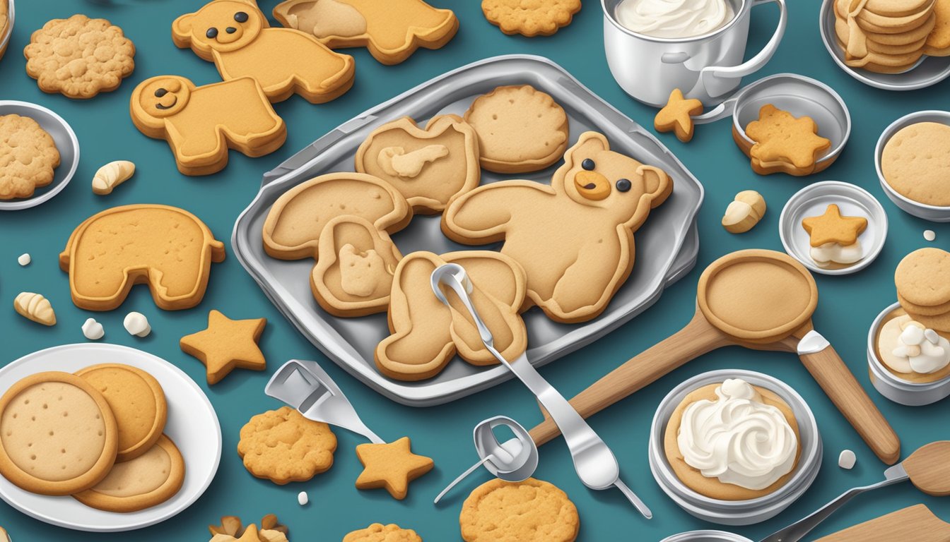 A table set with animal-shaped cookies, made from meat-based ingredients, surrounded by classic cookie cutters and baking utensils