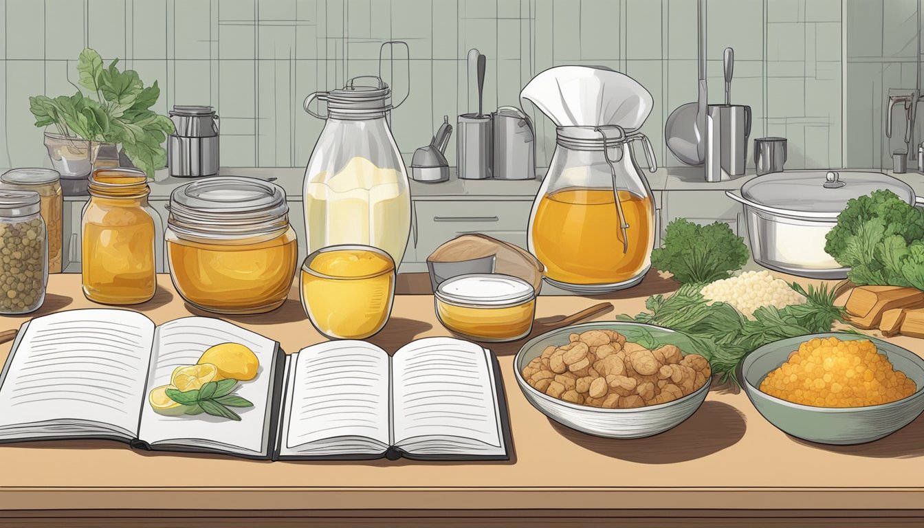 A kitchen counter with animal-based ingredients like gelatin, honey, and vanilla, surrounded by recipe books and alternative options for a carnivore diet