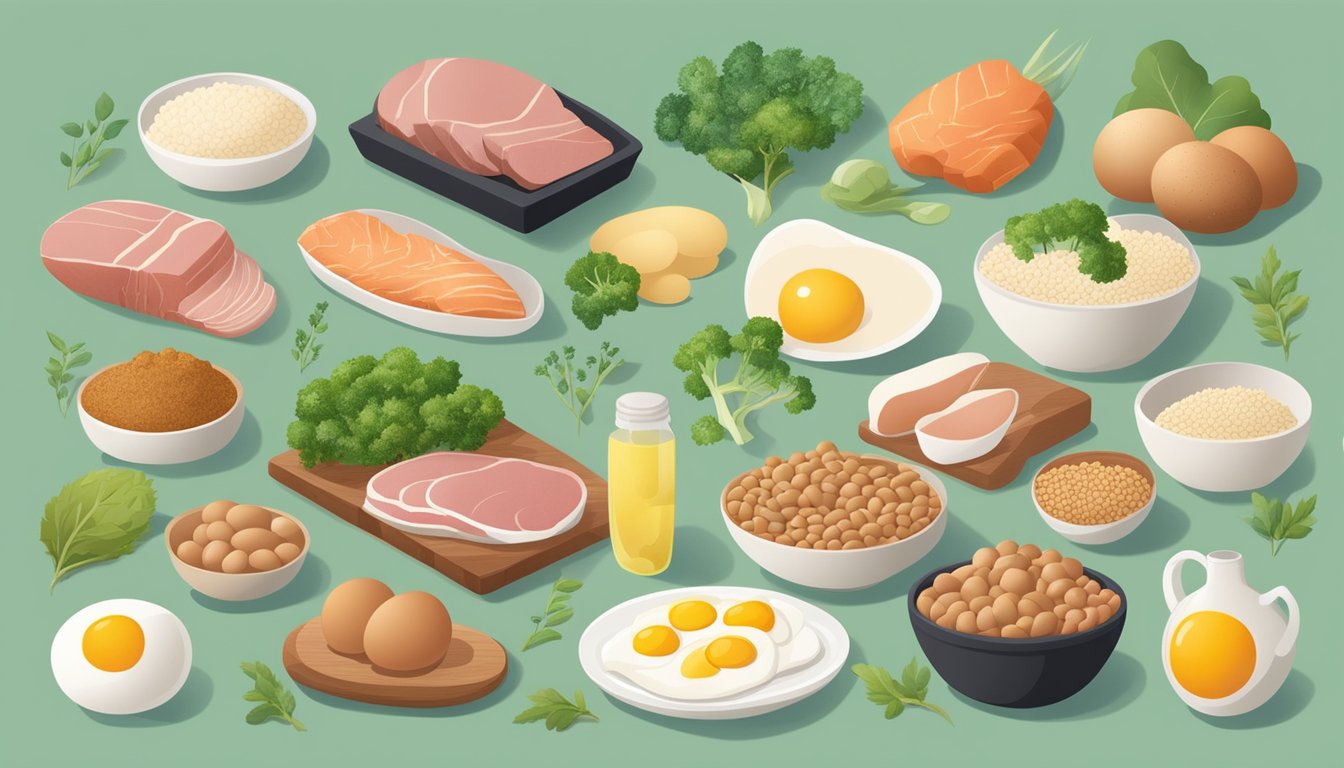 A variety of animal protein sources, such as meat, fish, and eggs, displayed alongside a selection of plant-based foods rich in essential amino acids