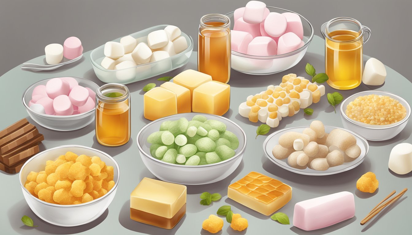 A table with a variety of animal-based ingredients and alternative options for making marshmallows, including gelatin, honey, and agar agar