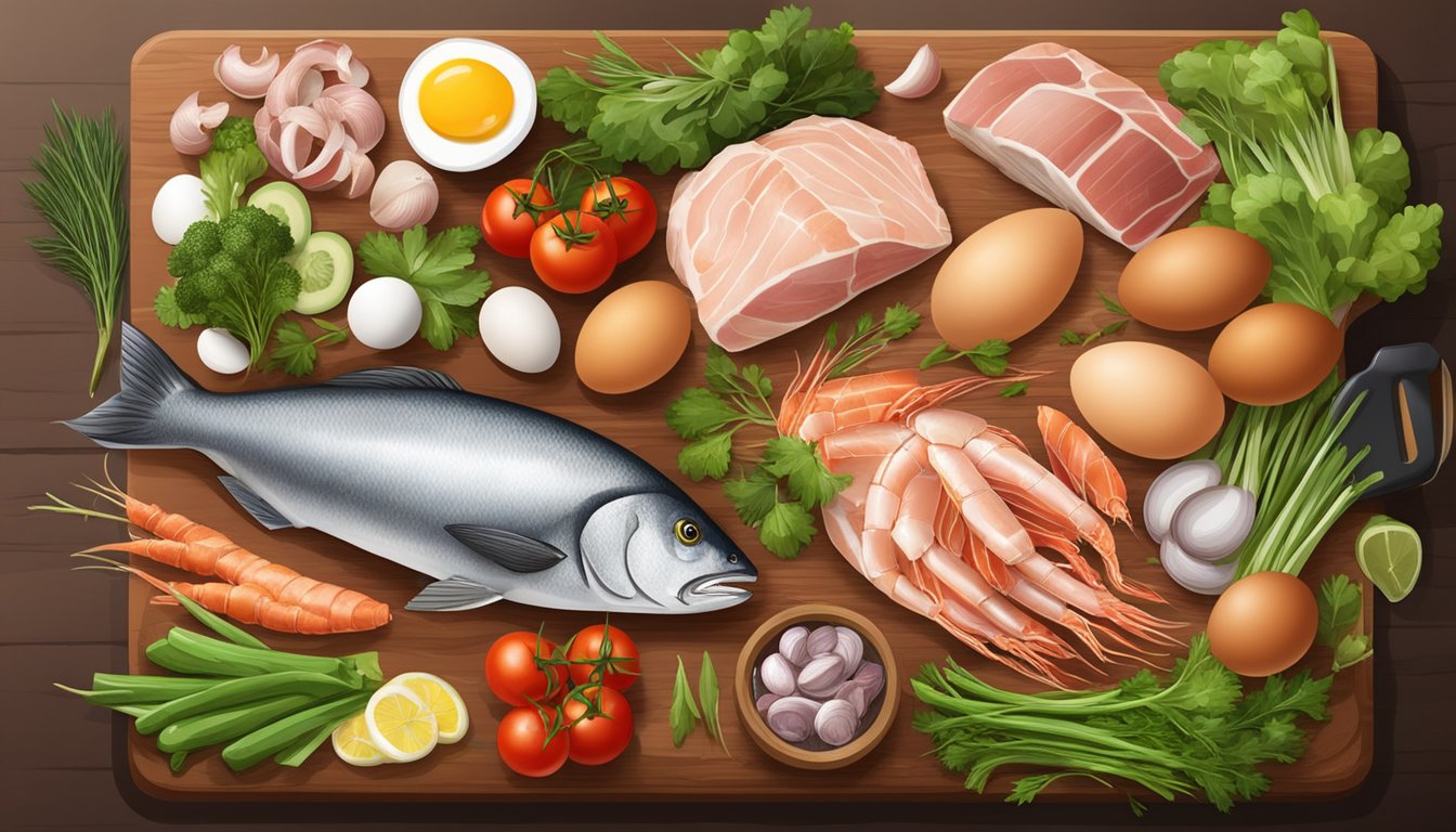 A variety of meats, eggs, and seafood arranged on a cutting board, surrounded by fresh vegetables and herbs