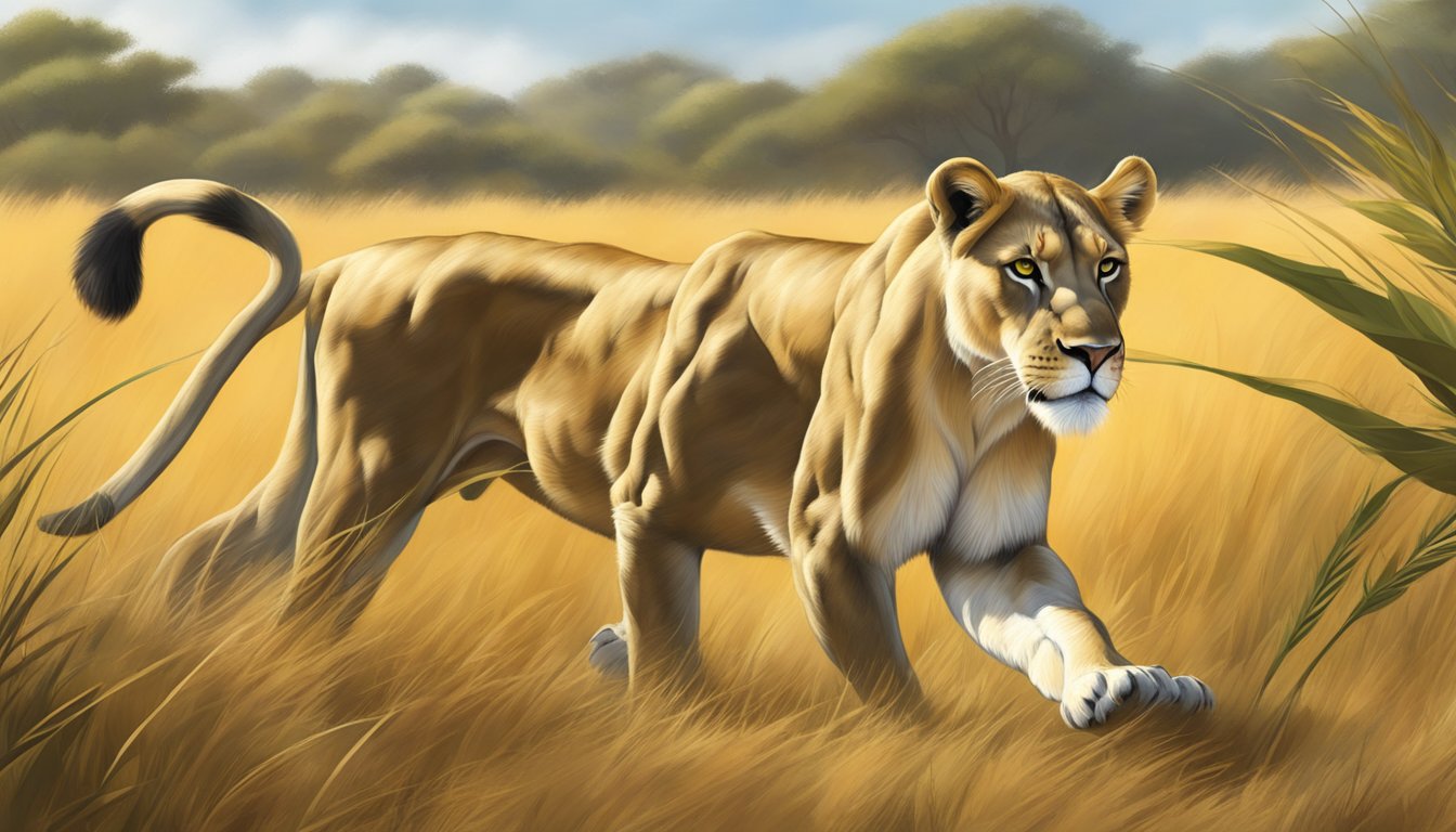 A lioness prowls through a lush savanna, her powerful muscles rippling beneath her golden fur as she hunts for prey to satisfy her need for essential amino acids