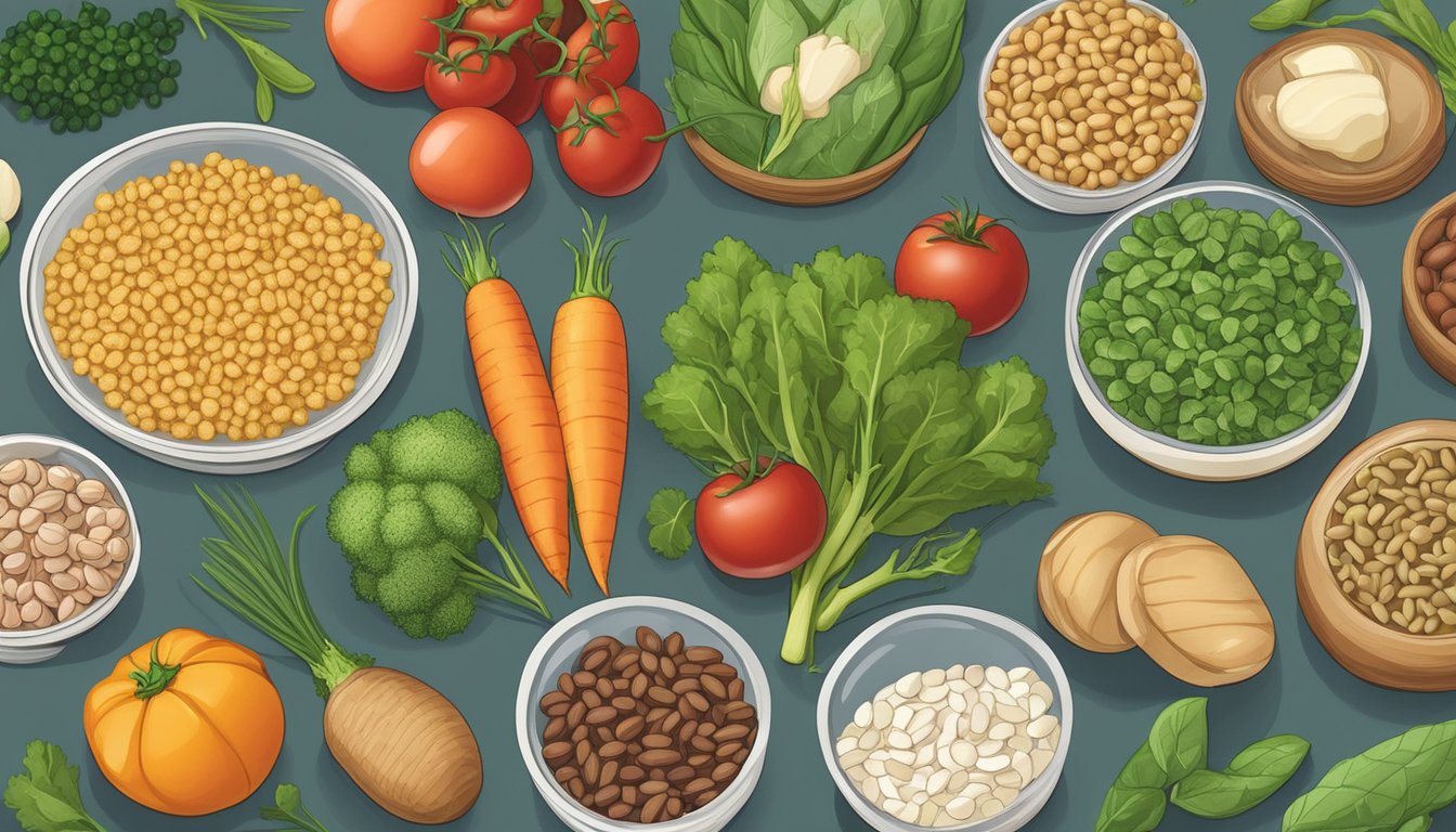 A variety of plant-based foods with antinutrients, such as grains, legumes, and vegetables, displayed on a tabletop