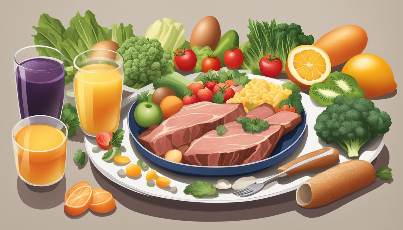 An athlete's plate filled with a variety of animal-based foods, including meat, eggs, and dairy, surrounded by fresh fruits and vegetables