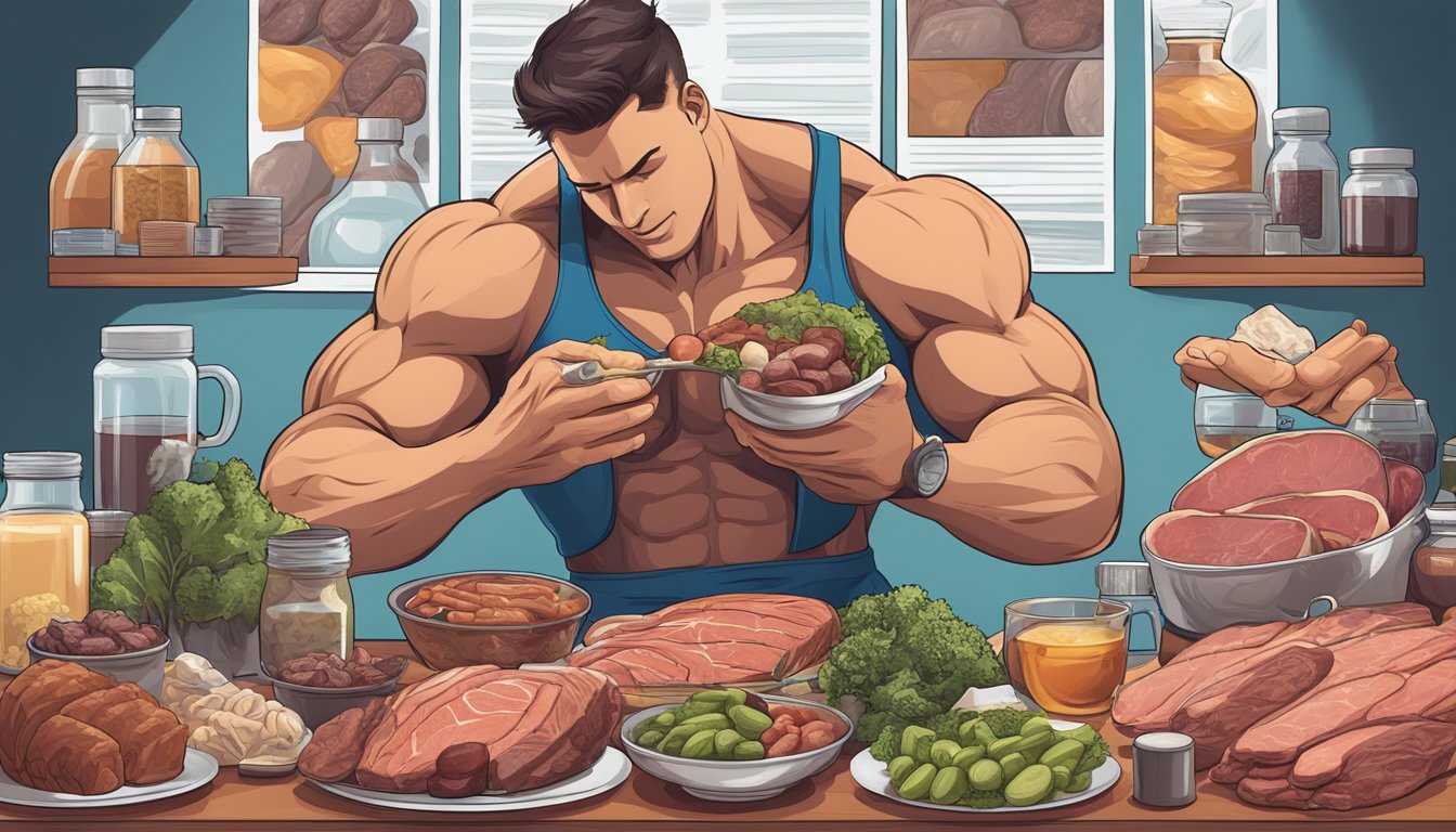 A muscular athlete consuming a variety of meats, surrounded by supplements and a doctor's warning