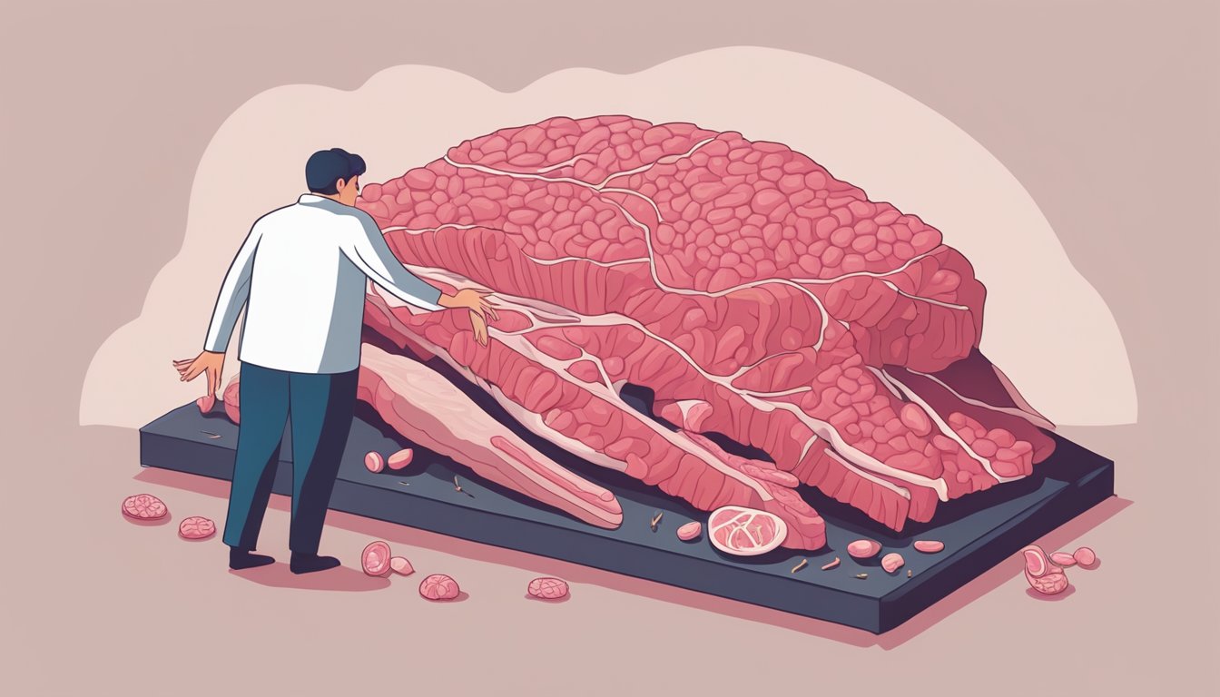 A large piece of raw meat surrounded by bones and organs, with a shadowy figure in the background experiencing back pain