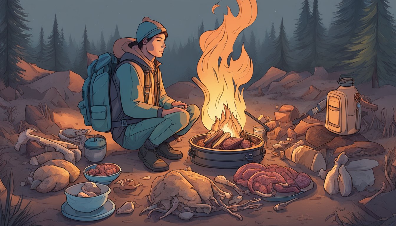 A backpacker surrounded by raw meat, bones, and organs, with a campfire in the background