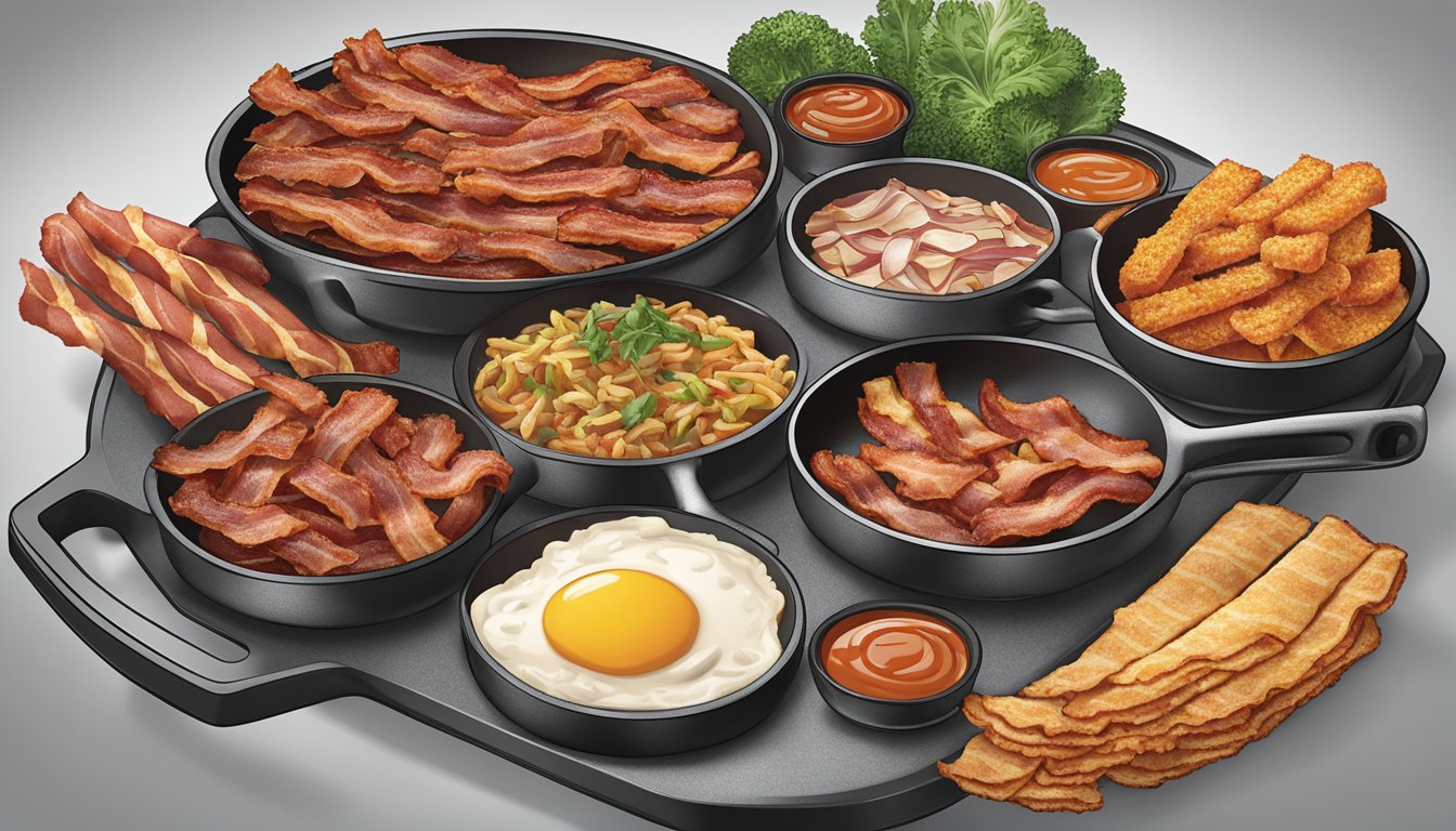 A sizzling skillet holds a variety of bacon brands, arranged in a mouthwatering display of crispy strips and savory aromas