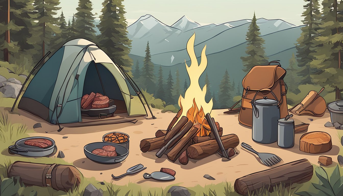 A campfire surrounded by various cooking utensils and raw meat, with a backpack and hiking boots nearby