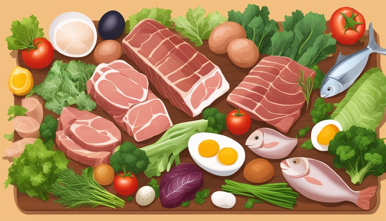 A variety of meats, fish, eggs, and organ meats arranged on a wooden cutting board with leafy greens and colorful vegetables in the background