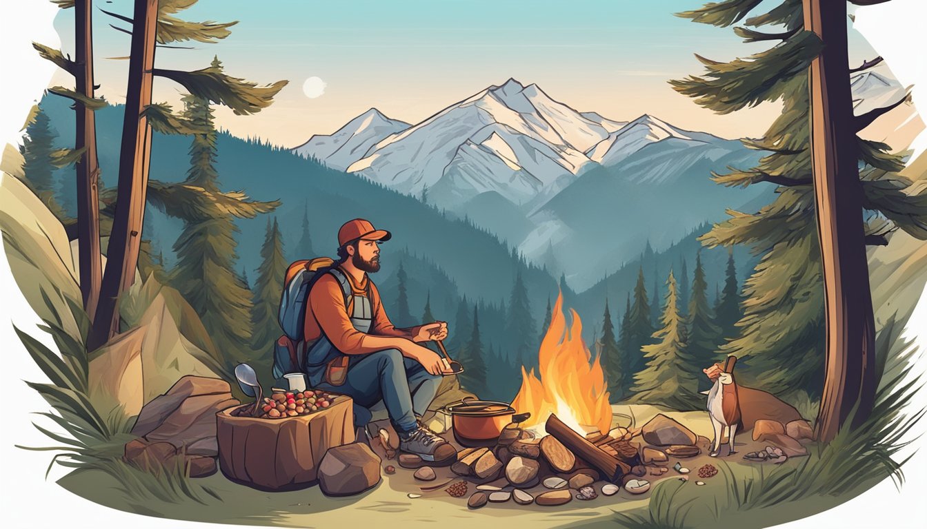 A lone backpacker cooks a meal over a campfire in a mountainous wilderness, surrounded by an array of fresh and dried meat, nuts, and berries