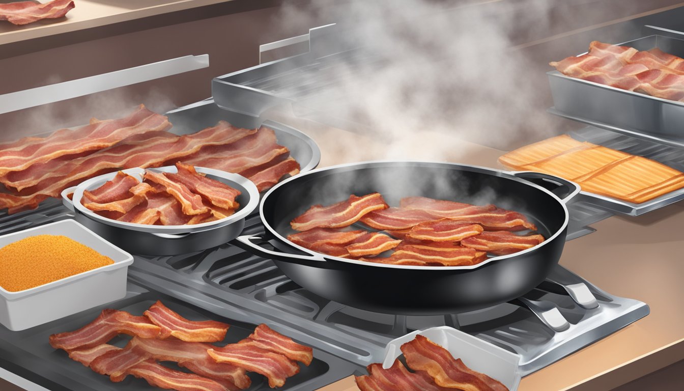 Bacon sizzling in a skillet, smoke rising, with various brands of bacon packaging in the background