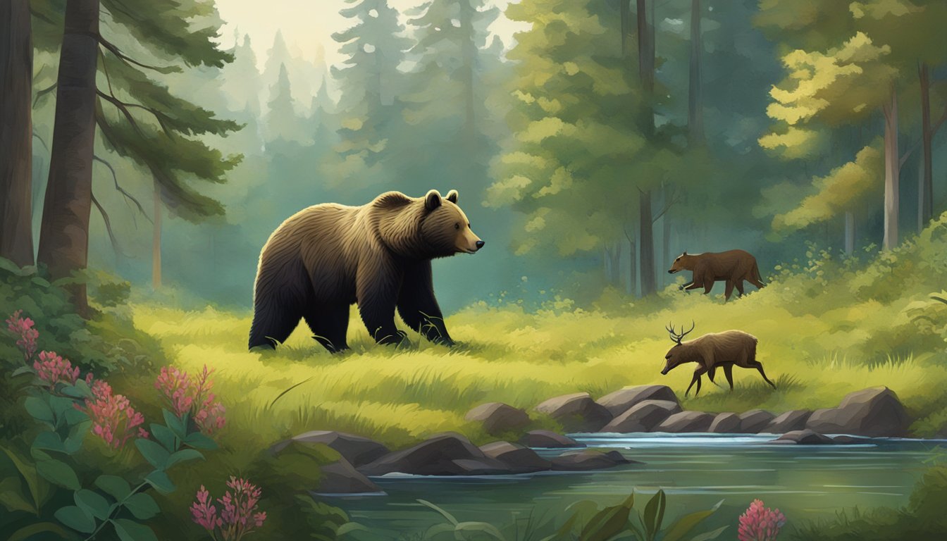 A bear foraging for berries and fish in a lush, untouched forest while a deer grazes nearby