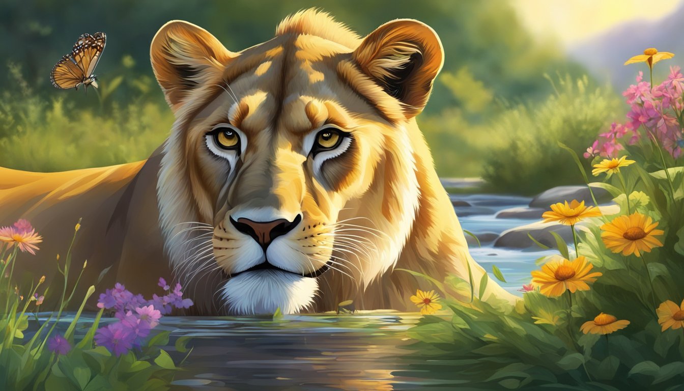 A lioness drinks from a clear stream, surrounded by lush greenery and vibrant wildflowers. The sun shines down, casting a warm glow on the scene