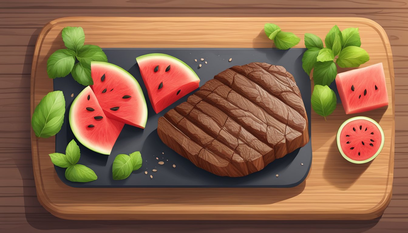 A juicy beef steak and a vibrant watermelon steak side by side on a wooden cutting board