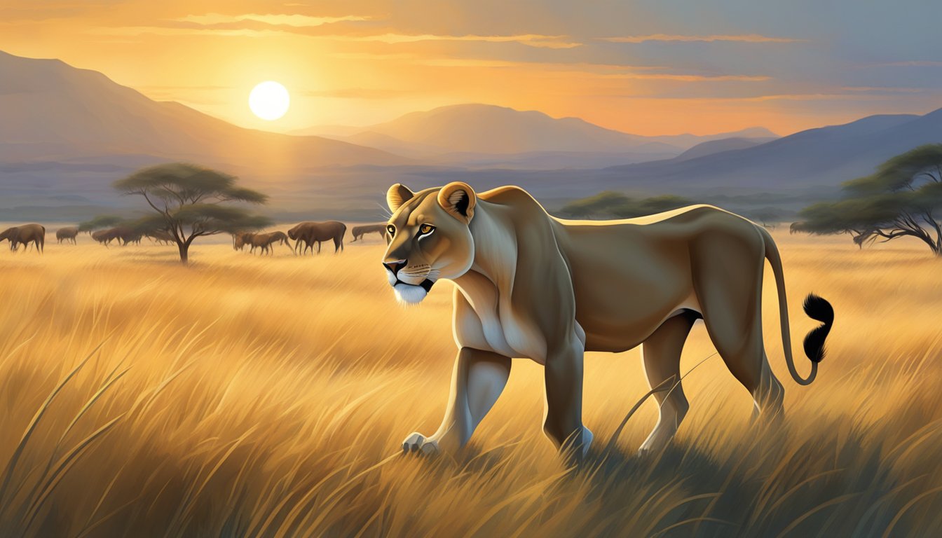 A lioness prowls through a grassy savannah, eyeing a herd of wildebeest. The sun sets behind her, casting a warm glow on her sleek, powerful form