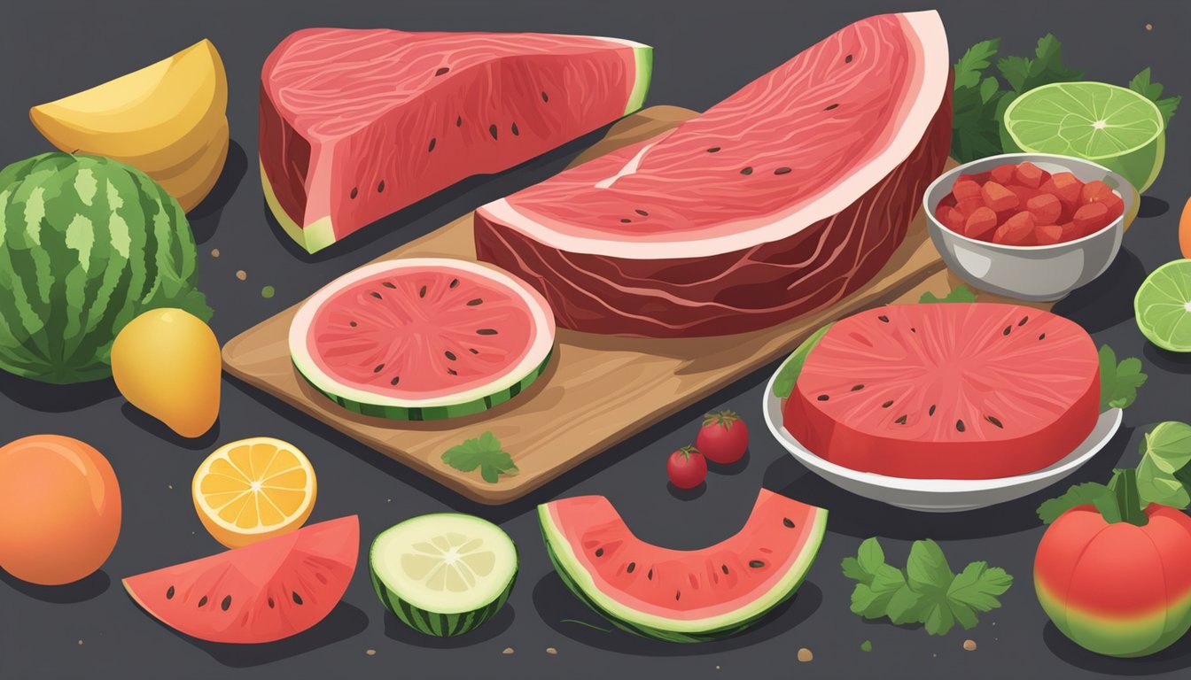 A table with a raw beef steak and a watermelon steak, surrounded by various fruits and vegetables. A nutrition label is prominently displayed next to each steak