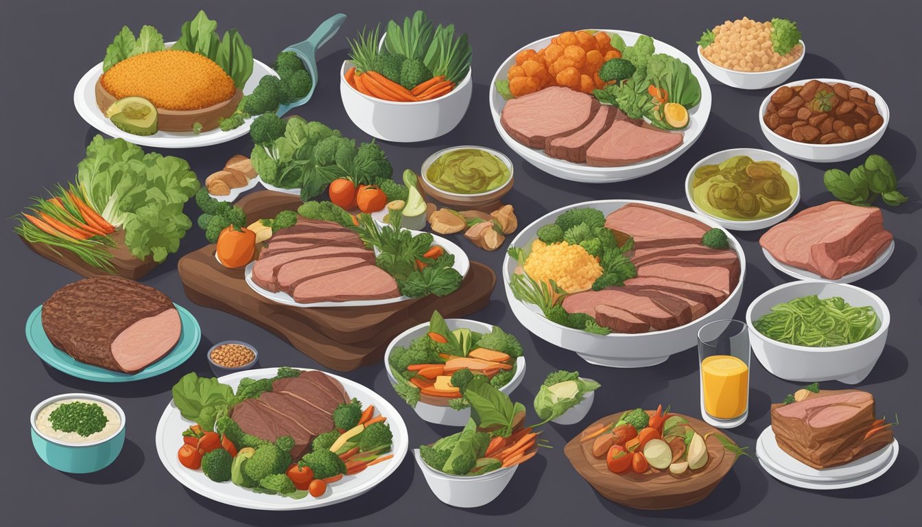 A carnivore diet plate with a variety of plant-based meat alternatives, surrounded by different dishes from other diets for comparison