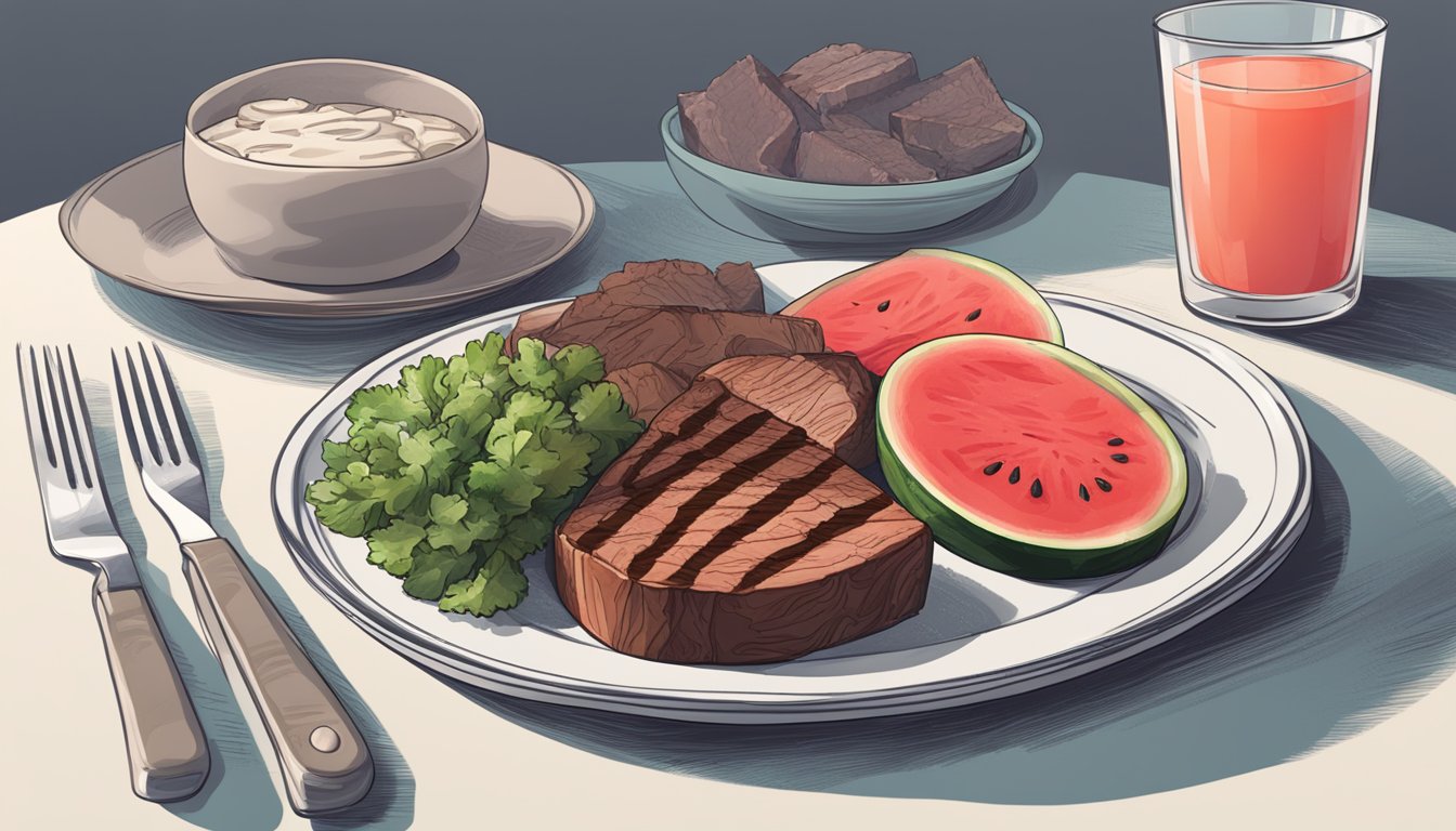 A plate with a cooked watermelon steak and a cooked beef steak side by side, showcasing the contrast between the two options for a carnivore diet