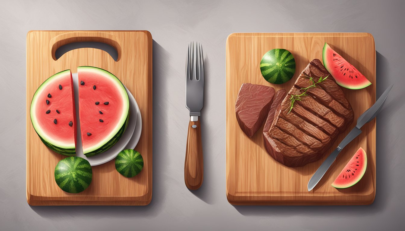 A sizzling beef steak and a juicy watermelon steak side by side on a wooden cutting board