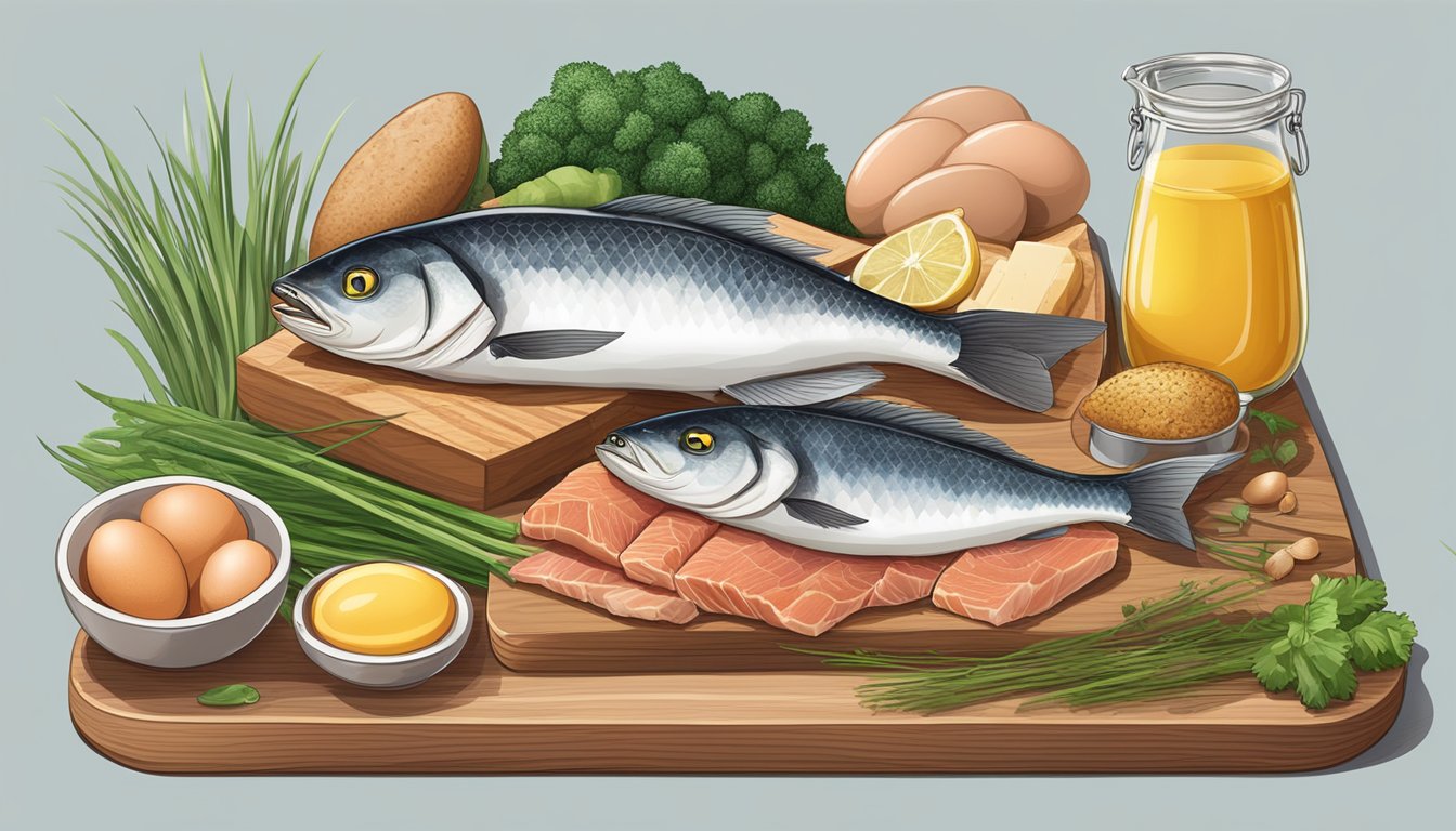 A variety of omega-rich foods such as fatty fish, eggs, and grass-fed meats arranged on a wooden cutting board